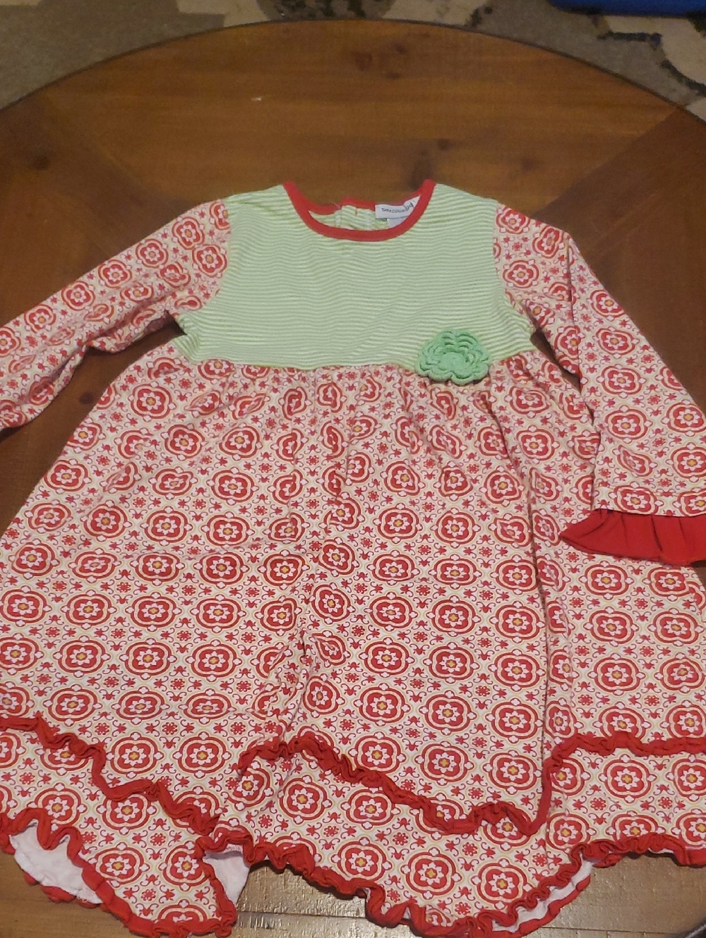 Tea Collection Mint & Red Floral Ruffle Hem Long-Sleeve Dress
